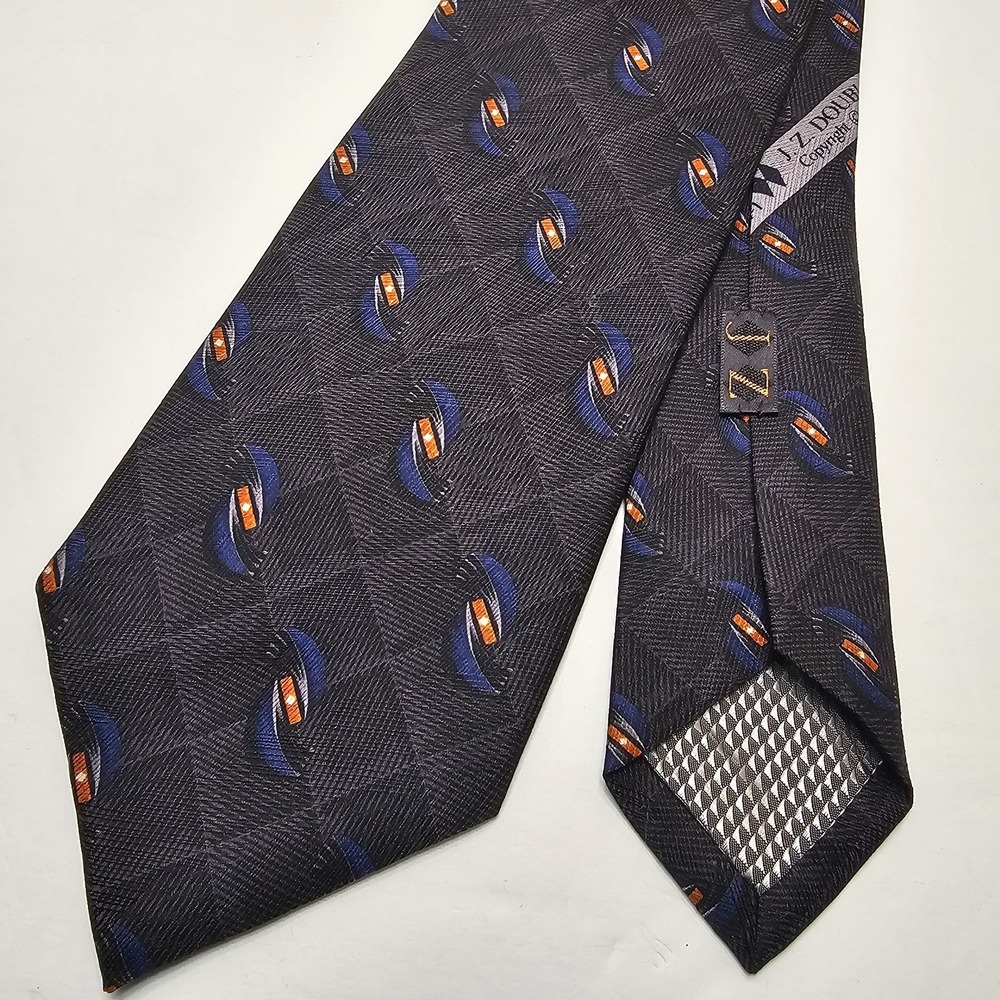 JZ Richards Double Black Neck Tie Gray Blue Orange Geometric Geo Silk Made USA